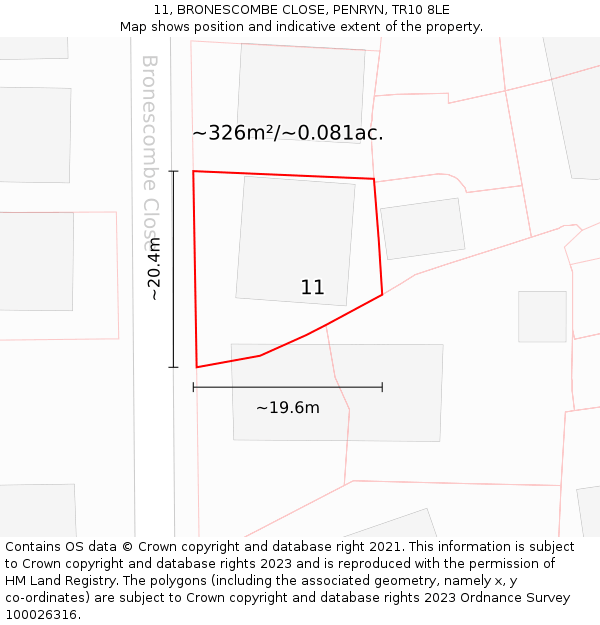 11, BRONESCOMBE CLOSE, PENRYN, TR10 8LE: Plot and title map