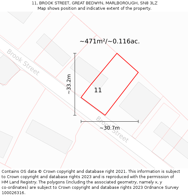 11, BROOK STREET, GREAT BEDWYN, MARLBOROUGH, SN8 3LZ: Plot and title map