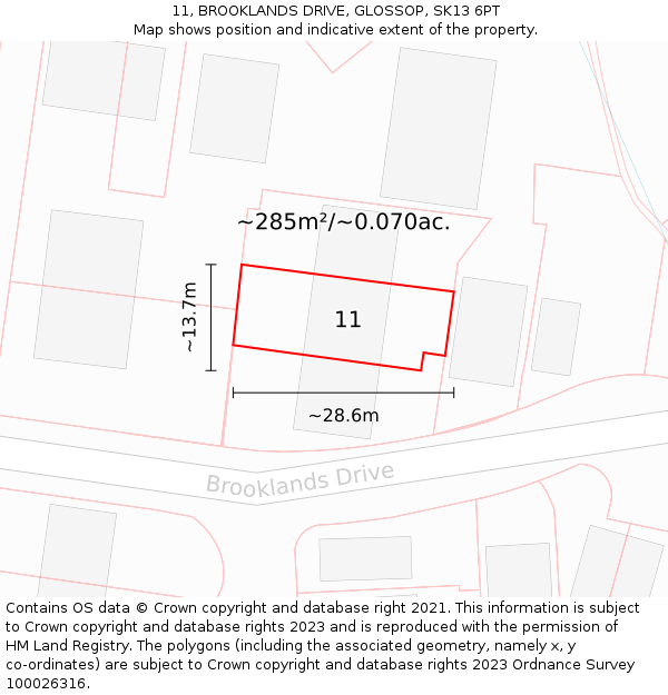 11, BROOKLANDS DRIVE, GLOSSOP, SK13 6PT: Plot and title map