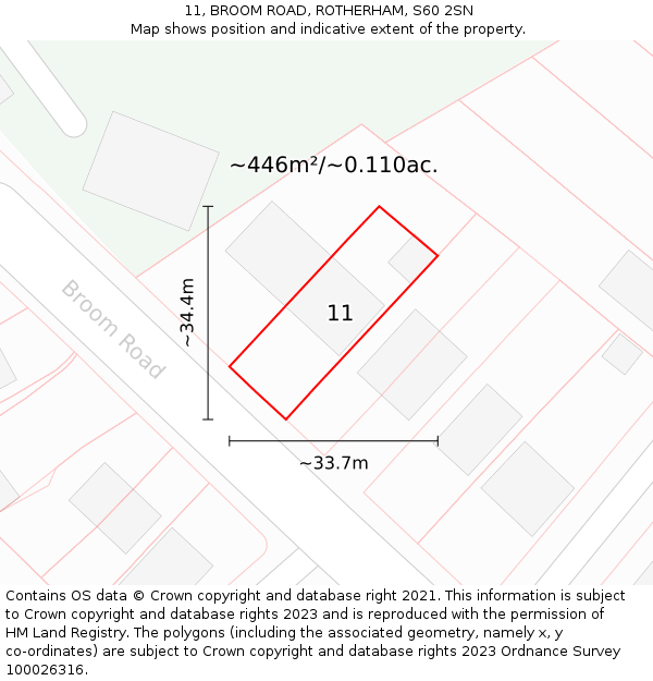 11, BROOM ROAD, ROTHERHAM, S60 2SN: Plot and title map