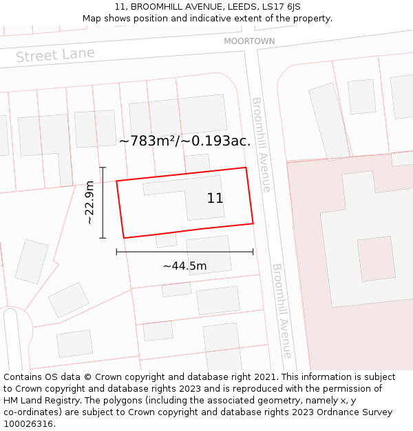 11, BROOMHILL AVENUE, LEEDS, LS17 6JS: Plot and title map