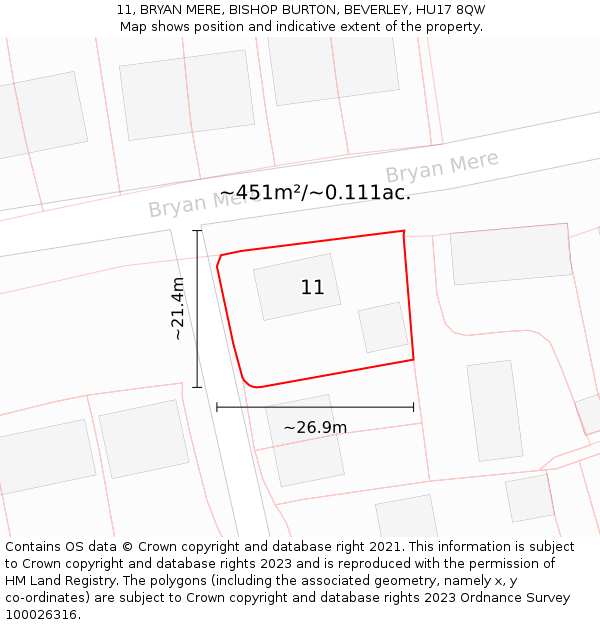 11, BRYAN MERE, BISHOP BURTON, BEVERLEY, HU17 8QW: Plot and title map