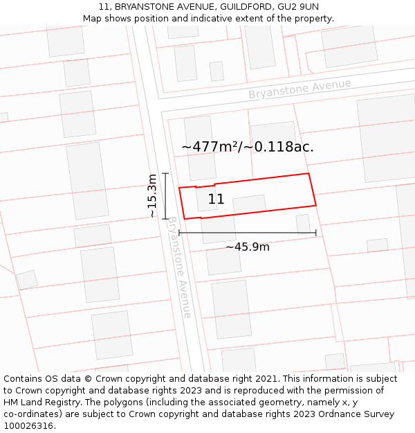 11, BRYANSTONE AVENUE, GUILDFORD, GU2 9UN: Plot and title map