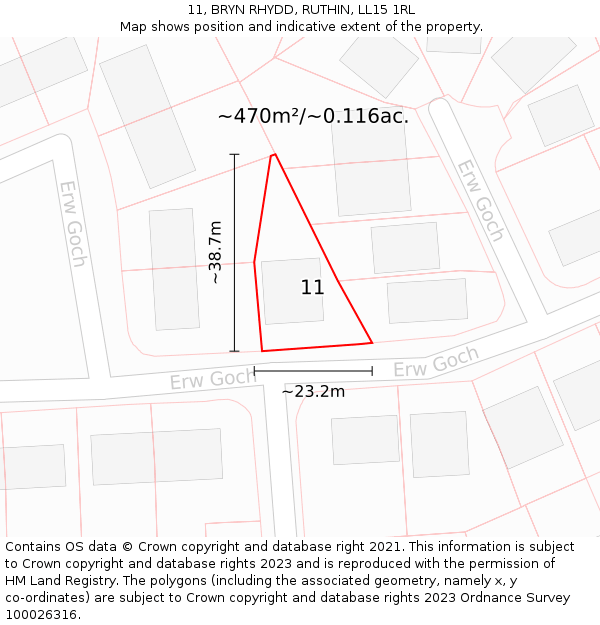 11, BRYN RHYDD, RUTHIN, LL15 1RL: Plot and title map