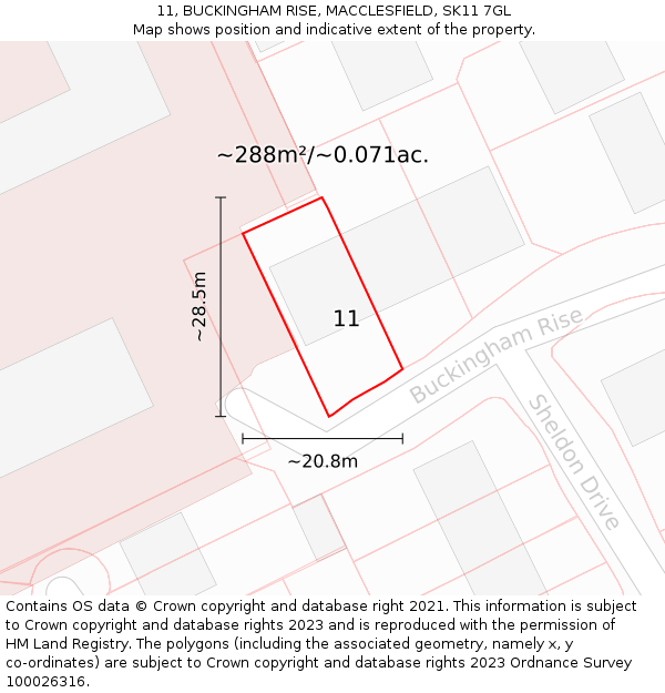 11, BUCKINGHAM RISE, MACCLESFIELD, SK11 7GL: Plot and title map