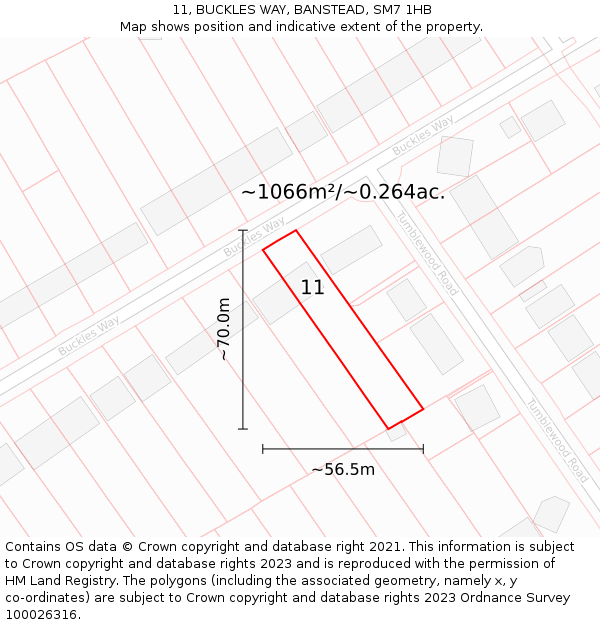 11, BUCKLES WAY, BANSTEAD, SM7 1HB: Plot and title map