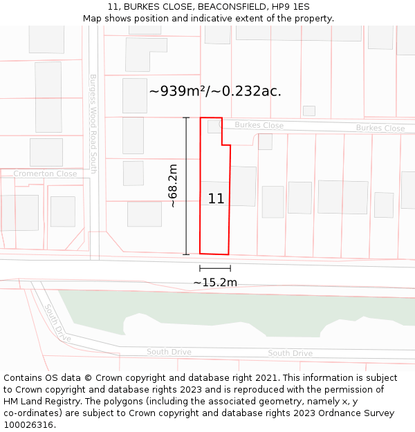 11, BURKES CLOSE, BEACONSFIELD, HP9 1ES: Plot and title map