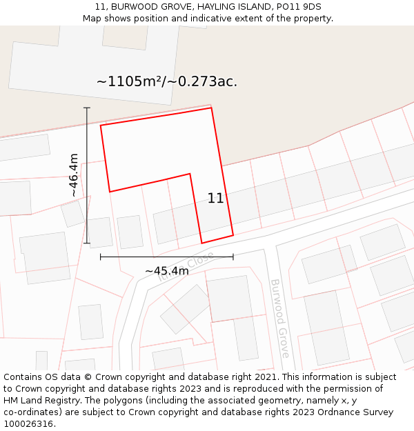 11, BURWOOD GROVE, HAYLING ISLAND, PO11 9DS: Plot and title map