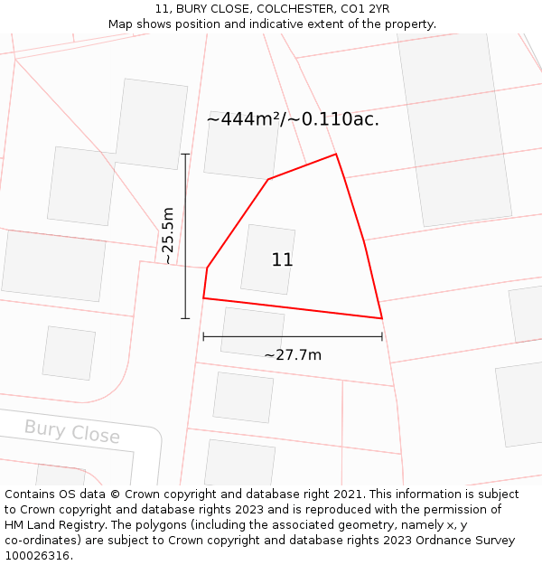 11, BURY CLOSE, COLCHESTER, CO1 2YR: Plot and title map