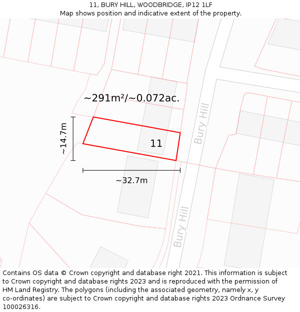 11, BURY HILL, WOODBRIDGE, IP12 1LF: Plot and title map