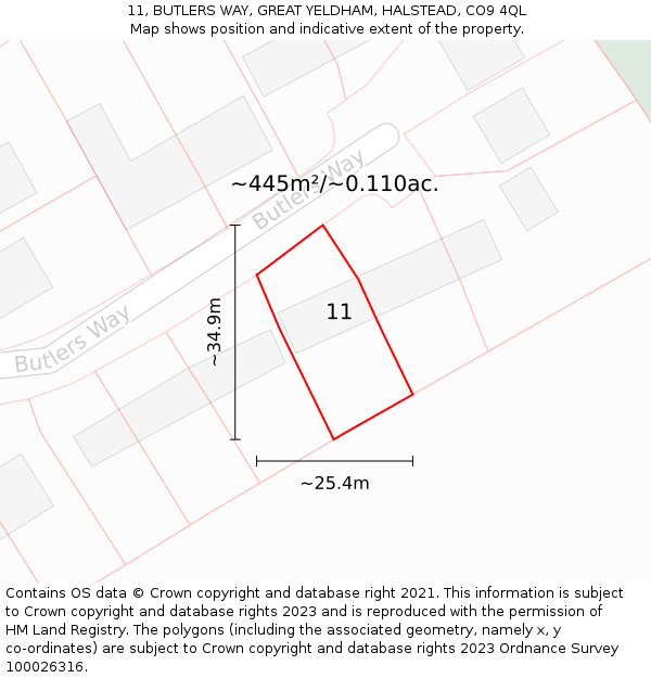 11, BUTLERS WAY, GREAT YELDHAM, HALSTEAD, CO9 4QL: Plot and title map