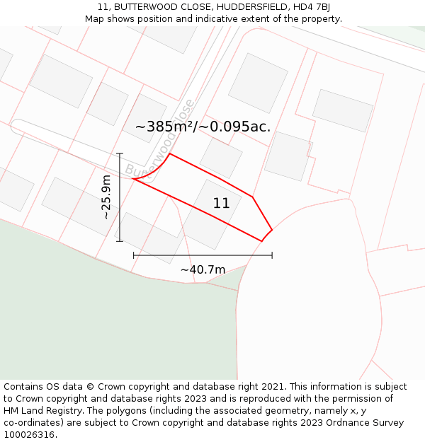 11, BUTTERWOOD CLOSE, HUDDERSFIELD, HD4 7BJ: Plot and title map