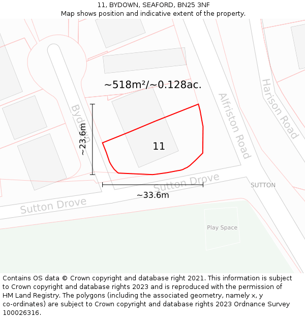 11, BYDOWN, SEAFORD, BN25 3NF: Plot and title map