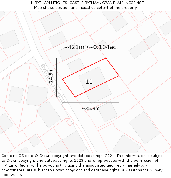 11, BYTHAM HEIGHTS, CASTLE BYTHAM, GRANTHAM, NG33 4ST: Plot and title map