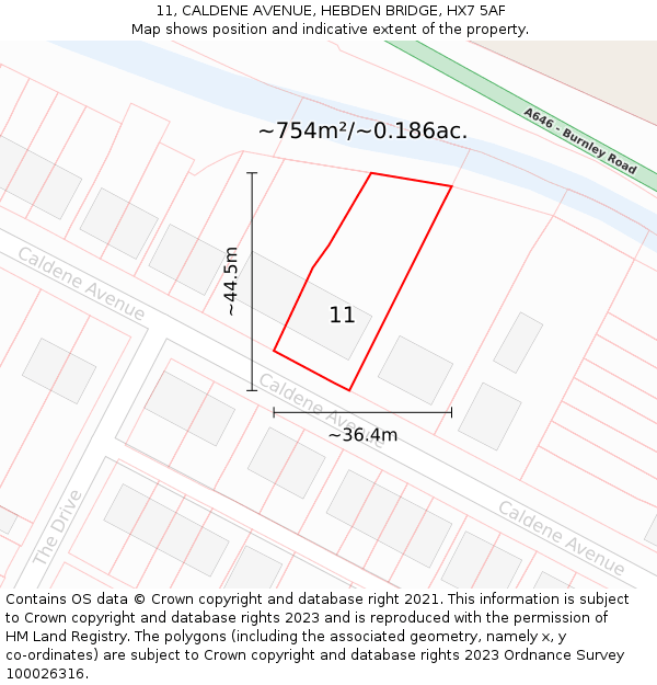 11, CALDENE AVENUE, HEBDEN BRIDGE, HX7 5AF: Plot and title map