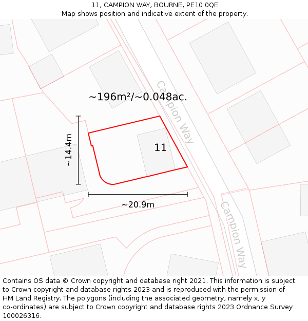 11, CAMPION WAY, BOURNE, PE10 0QE: Plot and title map