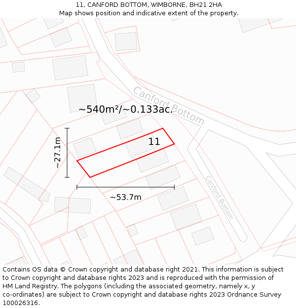 11, CANFORD BOTTOM, WIMBORNE, BH21 2HA: Plot and title map