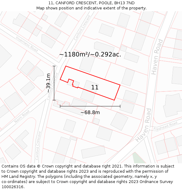 11, CANFORD CRESCENT, POOLE, BH13 7ND: Plot and title map