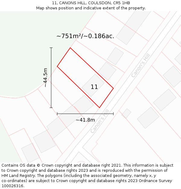 11, CANONS HILL, COULSDON, CR5 1HB: Plot and title map