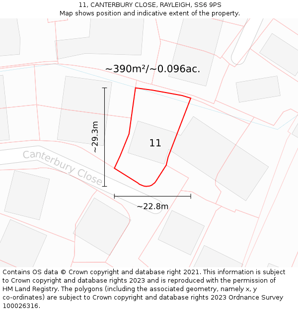 11, CANTERBURY CLOSE, RAYLEIGH, SS6 9PS: Plot and title map