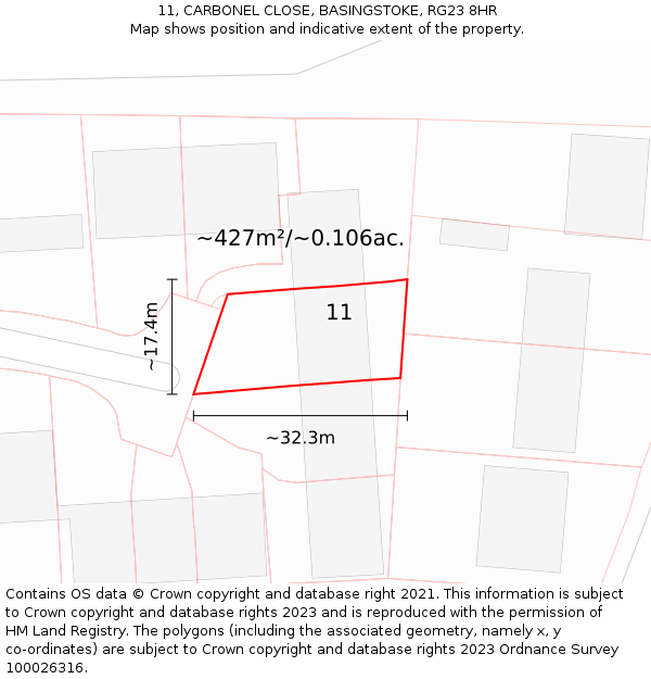 11, CARBONEL CLOSE, BASINGSTOKE, RG23 8HR: Plot and title map