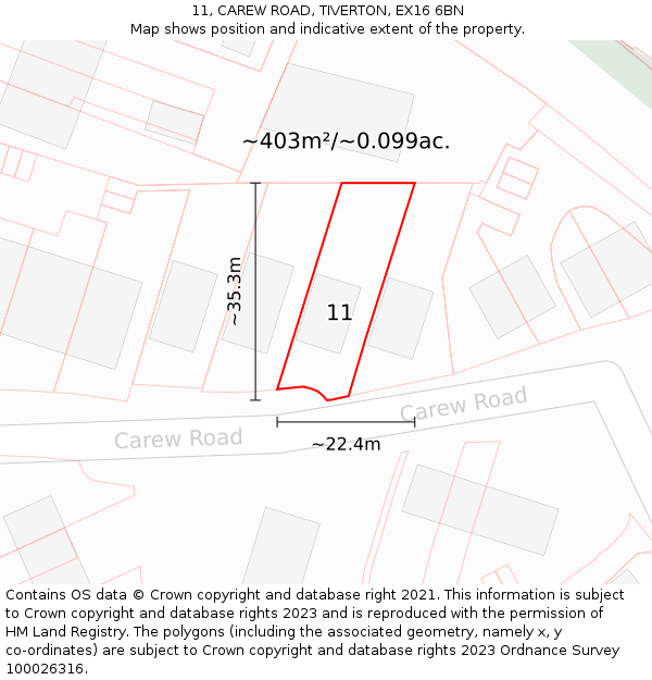11, CAREW ROAD, TIVERTON, EX16 6BN: Plot and title map