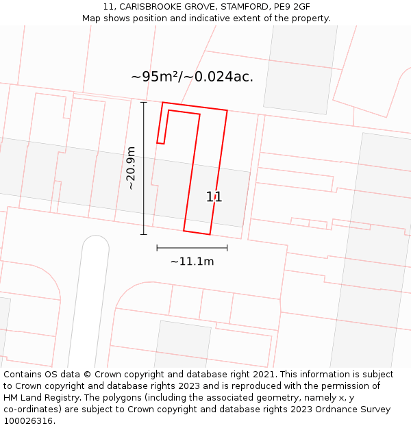 11, CARISBROOKE GROVE, STAMFORD, PE9 2GF: Plot and title map