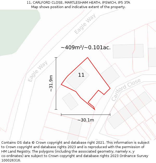 11, CARLFORD CLOSE, MARTLESHAM HEATH, IPSWICH, IP5 3TA: Plot and title map