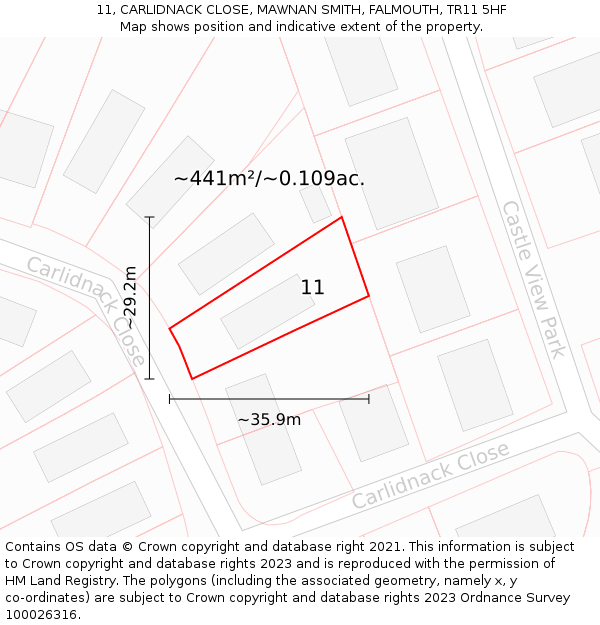 11, CARLIDNACK CLOSE, MAWNAN SMITH, FALMOUTH, TR11 5HF: Plot and title map