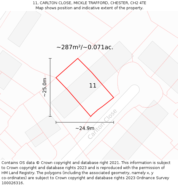 11, CARLTON CLOSE, MICKLE TRAFFORD, CHESTER, CH2 4TE: Plot and title map