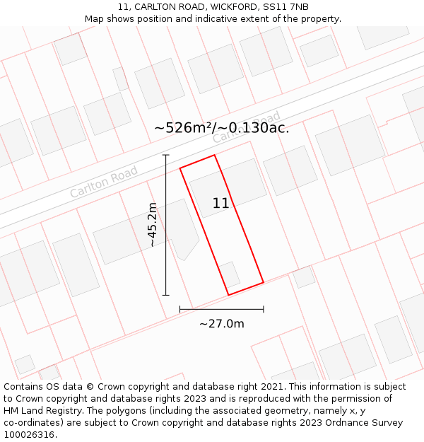 11, CARLTON ROAD, WICKFORD, SS11 7NB: Plot and title map