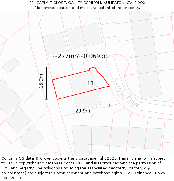 11, CARLYLE CLOSE, GALLEY COMMON, NUNEATON, CV10 9QX: Plot and title map