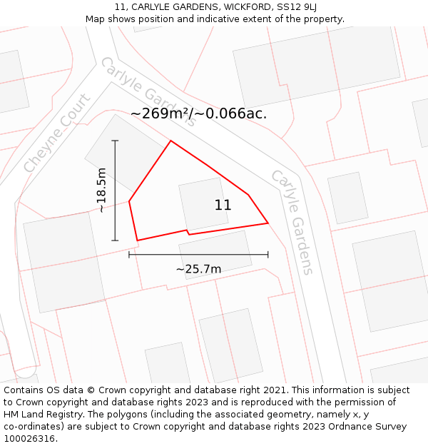 11, CARLYLE GARDENS, WICKFORD, SS12 9LJ: Plot and title map