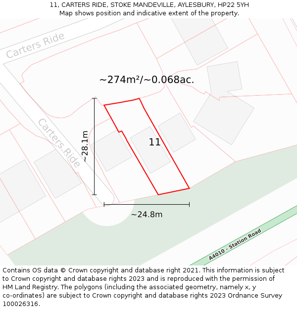 11, CARTERS RIDE, STOKE MANDEVILLE, AYLESBURY, HP22 5YH: Plot and title map