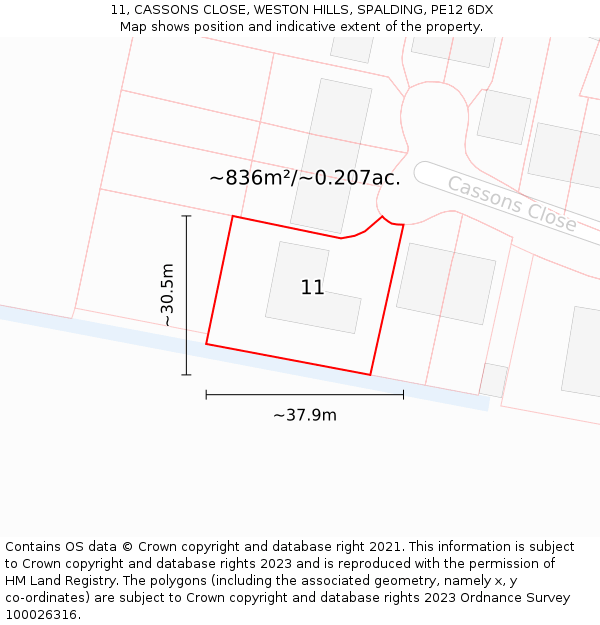 11, CASSONS CLOSE, WESTON HILLS, SPALDING, PE12 6DX: Plot and title map