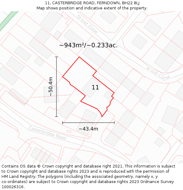 11, CASTERBRIDGE ROAD, FERNDOWN, BH22 8LJ: Plot and title map