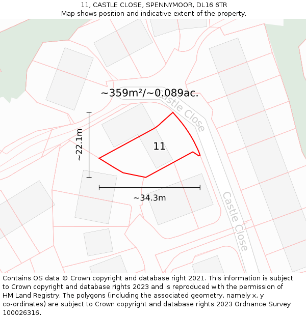 11, CASTLE CLOSE, SPENNYMOOR, DL16 6TR: Plot and title map