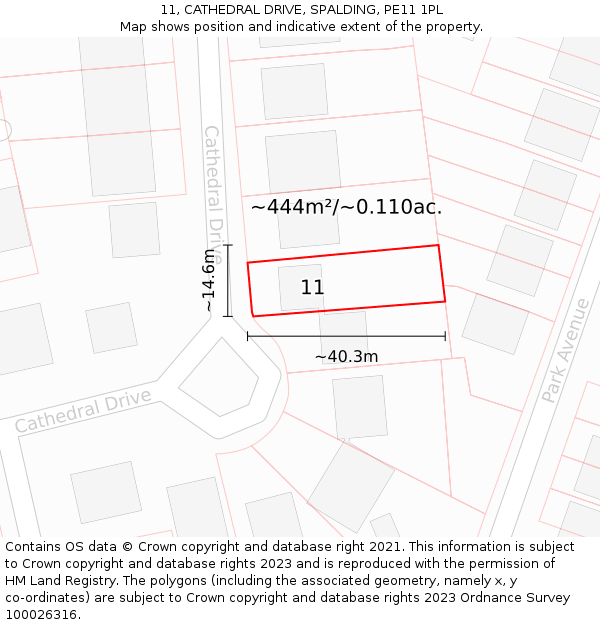 11, CATHEDRAL DRIVE, SPALDING, PE11 1PL: Plot and title map