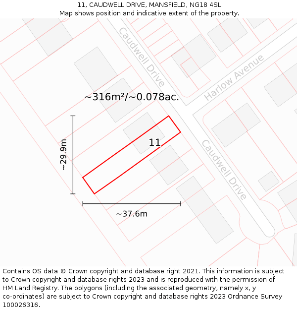 11, CAUDWELL DRIVE, MANSFIELD, NG18 4SL: Plot and title map