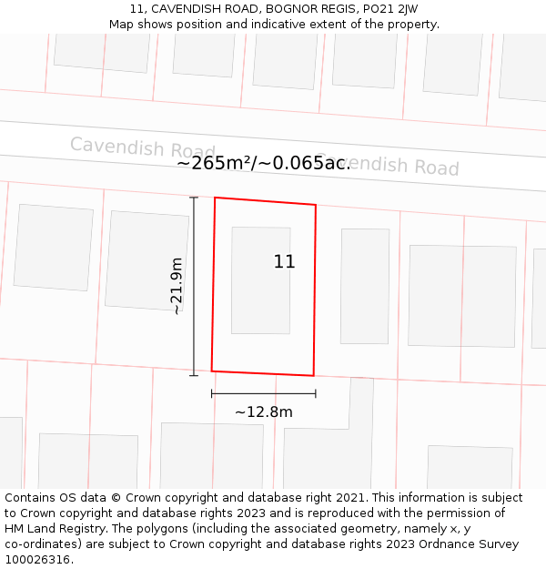 11, CAVENDISH ROAD, BOGNOR REGIS, PO21 2JW: Plot and title map