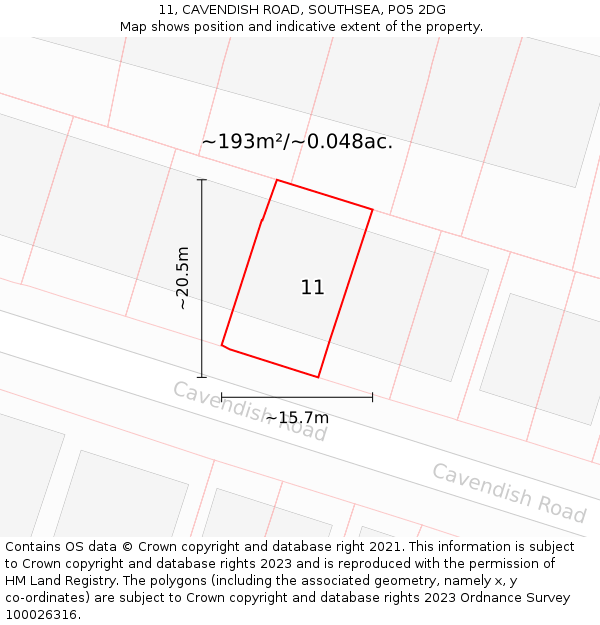 11, CAVENDISH ROAD, SOUTHSEA, PO5 2DG: Plot and title map