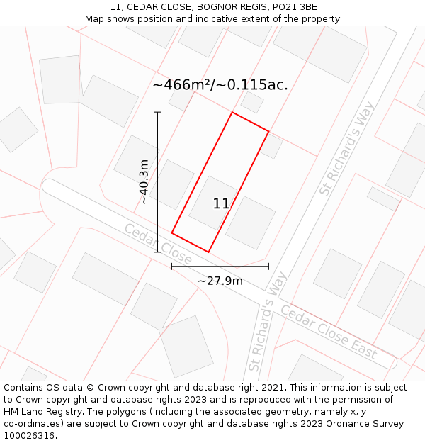 11, CEDAR CLOSE, BOGNOR REGIS, PO21 3BE: Plot and title map