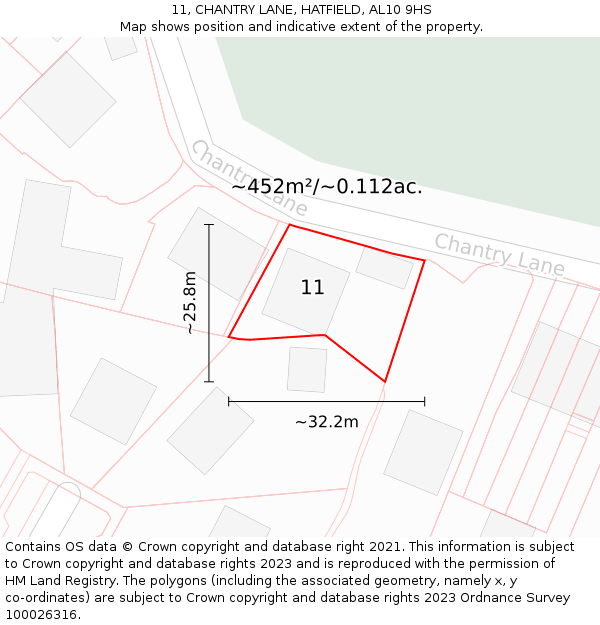 11, CHANTRY LANE, HATFIELD, AL10 9HS: Plot and title map