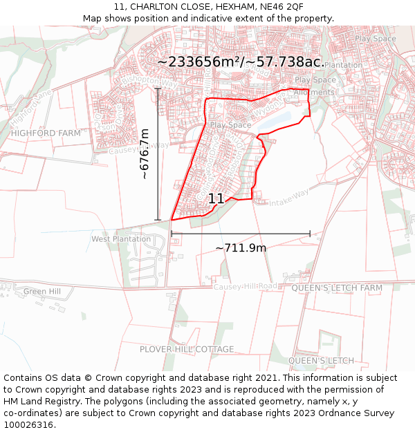 11, CHARLTON CLOSE, HEXHAM, NE46 2QF: Plot and title map