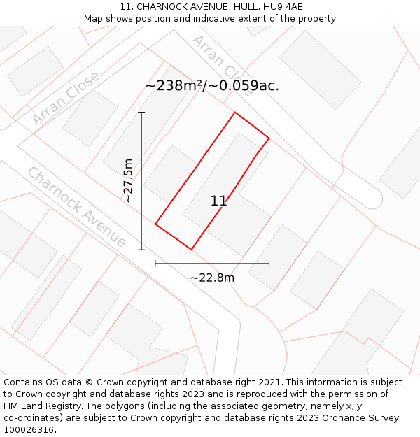 11, CHARNOCK AVENUE, HULL, HU9 4AE: Plot and title map