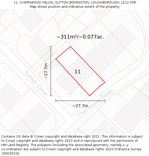 11, CHARNWOOD FIELDS, SUTTON BONINGTON, LOUGHBOROUGH, LE12 5NP: Plot and title map