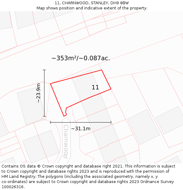 11, CHARNWOOD, STANLEY, DH9 8BW: Plot and title map