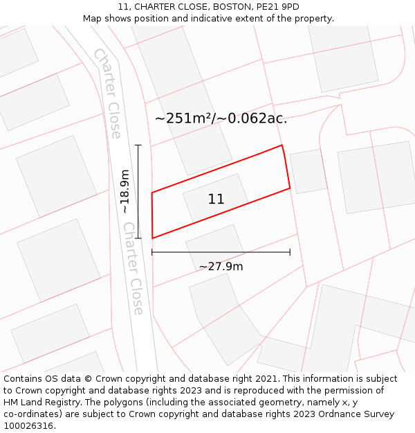 11, CHARTER CLOSE, BOSTON, PE21 9PD: Plot and title map