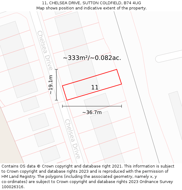 11, CHELSEA DRIVE, SUTTON COLDFIELD, B74 4UG: Plot and title map