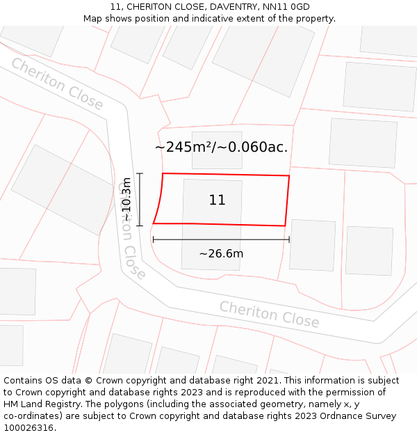 11, CHERITON CLOSE, DAVENTRY, NN11 0GD: Plot and title map